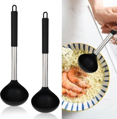 Produktbild von Famanu Löffelset 2 Stück - Hitzebeständige Silikonlöffel mit Edelstahlgriffen (schwarz)
