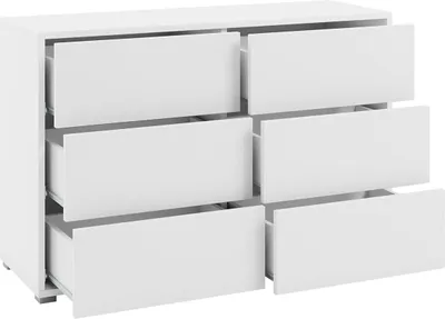 A white dresser with six drawers, some of which are partially open.