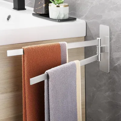 Immagine prodotto di Barra asciugamani senza foratura - Organizzazione bagno spinabile - Doppia spinabile - 39 cm - Argento