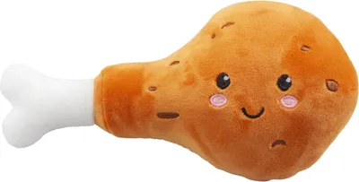 A plush toy chicken leg on a white background.