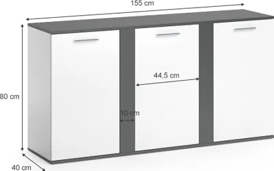 A 3D rendering of a white and anthracite sideboard with dimensions indicated.