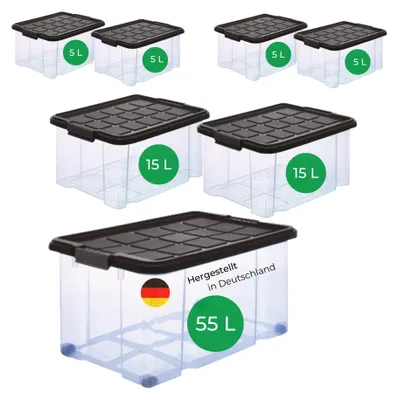 Produktbild von Novaliv 7 tlg Sparset Aufbewahrungsboxen mit Deckel Anthrazit 1x55 L + 2x 15L + 4x 5L Nestbar stapelbar Clipverschluss Rollboxen BPA-frei