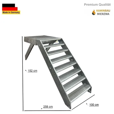 A metal staircase with dimensions indicated by text overlays.