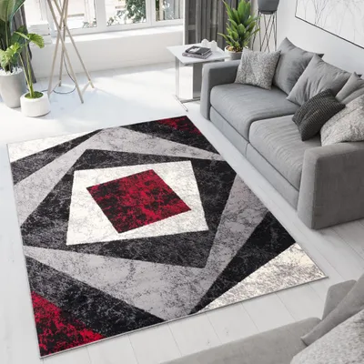 A modern living room with a grey sofa and a geometric rug.