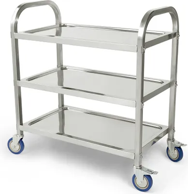 A three-tiered stainless steel serving cart with wheels.