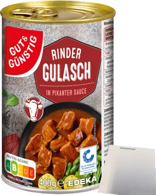 Produktbild von Gut & Günstig Rinder Gulasch in pikanter Sauce (400g Dose) + usy Block