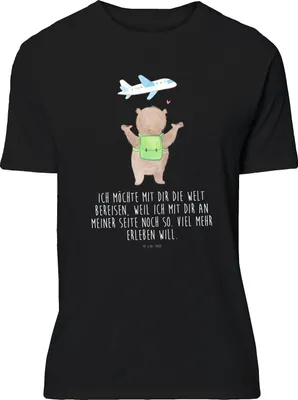 Produktbild von Mr. & Mrs. Panda T-Shirt Bär Flugzeug - Schwarz - Geschenk, für Frauen, Hochzeitstag, Freundin, Partner, Valentinstag, S, mit Aufdruck, Mitbringsel, oberteil, Shirt