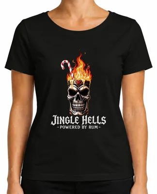 Produktbild von Jingle Hells Powered by Rum Totenkopf Flammen Weihnachten Skull Damen T-Shirt, Schwarz, XXL