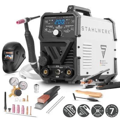 Image de STAHLWERK Poste à souder sous protection gazeuse 2 en 1 combiné DC TIG 200 ST - Equipement complet - TIG & MMA jusqu'à 200 A, acier, inox, cuivre, laiton, pas d'alu