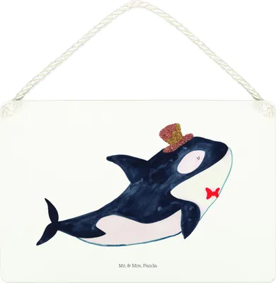 Produktbild von Mr. & Mrs. Panda Schild Orca Zylinder DIN A4 - Weiß - Geschenk, holzbild, Wandbild Holz, Fest, Holzschild, Narwal, Meer, Geburtstag, Konfetti, Türschild, wandtafel, Feier