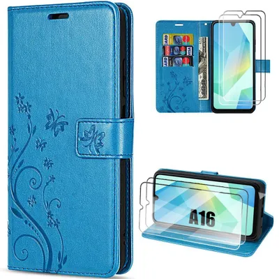 Image de Coque + 2 Verres Trempés pour Samsung Galaxy A16 4G/5G, Anti-Rayures Protection Effet Cuir Bleu Motif Plante Papillon