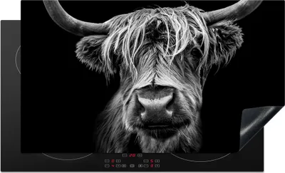 Produktbild von KitchenYeah© Herdabdeckplatte Schottischer Highlander - Hörner - Schwarz - Weiß - Kuh - Wild - Tiere , 89x51cm, Küche Deko, Glaskeramikkochfeld Herdabdeckung, Abdeckplatte fùr Kochfeld