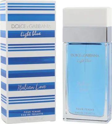 Dolce & Gabbana Light Blue Italian Love, blauer Glasflakon mit weißer Kappe neben gestreifter Verpackung in Blau und Weiß.