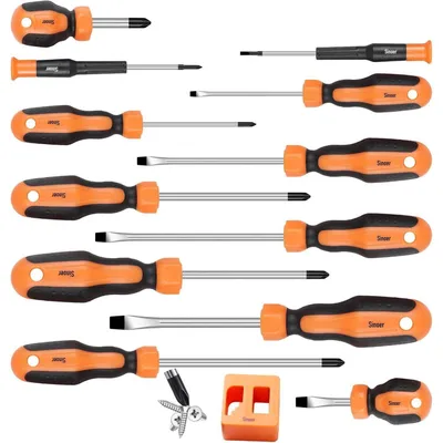 Image de Jeu de tournevis magnétiques comprenant 13 pièces : 6 embouts cruciformes et 6 embouts plats, en acier chromevanadium, avec aimantateur/démagnétiseur, de couleur orange