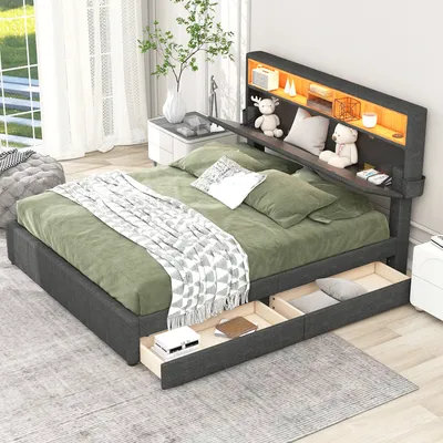 Obrázek produktu pro MODFU Čalouněná postel 140x200cm Manželská postel Postel se zásuvkami s nastavitelným čelem, USB a LED osvětlením, dvěma šuplíky, šedá (bez matrace)