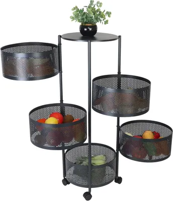 Image de Chariot de service avec 5 étagères pivotantes - Acier - 2 freins - Noir - 90x34x34 cm