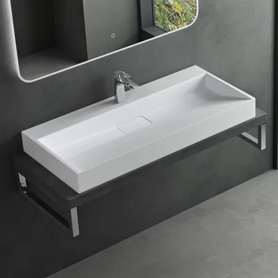 Produktbild von Mai&Mai Aufsatzwaschbecken Gussmarmor matt weiß Rechteckig mit Ablaufgarnitur 1 Armaturenloch DIN-Anschlüsse 90 x 46 x 11 cm Col19