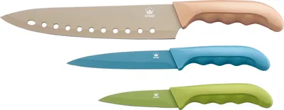 Produktbild von 3tlg. Messerset KING® METALLIC STYLE mit Edelstahl beschichtete Klingen, ergnonomische Griffe / Größen: 20cm Kochmesser, 12.5cm Universalmesser & 8.5cm Gemüsemesser