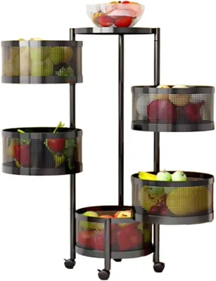 Produktbild von Drehbares Küchenregal 5-stufig Schwarz – Aufbewahrungswagen mit herausnehmbaren Körben – Obst & Gemüse Organizer
