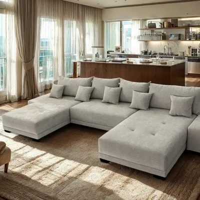 Zdjęcie produktu dla Demi U Large XXL - 382 x 187 x 95 cm - Narożnik - Funkcja spania, schowek na pościel, tkanina Rosario Beige