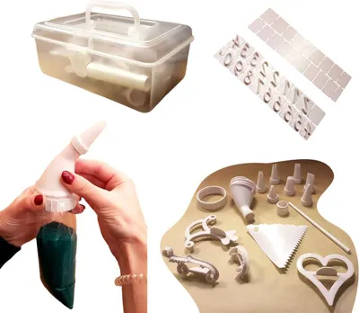 Produktbild von 100 Teiliges Kuchendekorations Set | mit 15x Spritzbeutel / Spritztüllen | diverse Kuchen Buchstaben Zahlen Ausstecherformen | Glätter | Modellierwerkzeug mit Aufbewahrungsbox | Tortenzubehör Set