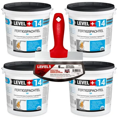 Zdjęcie produktu dla Zestaw Gładź szpachlowa Level+ FERTIGSPACHTE L+14 100kg i Wybierak Skrobak do Wiader Level5 5-210