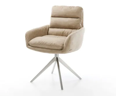 Produktbild von DELIFE Drehstuhl Abelia-Flex mit Armlehnen Mikrofaser Beige Vintage Kreuzgestell breit Edelstahl 360° drehbar Wippfunktion