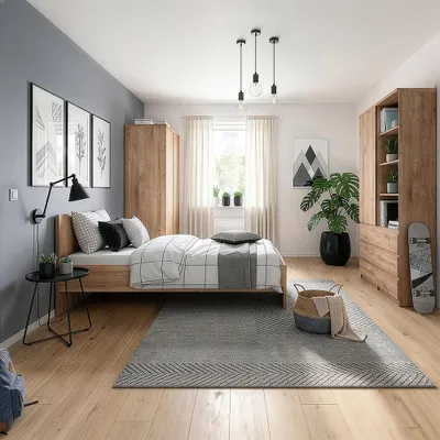 Produktbild von Jugendzimmer-Set mit Bett 90x200 cm & Kleiderschrank in Eiche, modern, 4-teilig - FORTALEZA-129