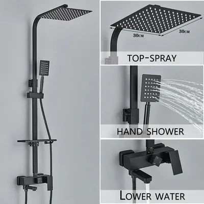 Produktbild von Regendusche Badewanne - 3-Wege Duscharmatur Set - 30 cm Überkopfbrause - Wandmontage mit Auslauf und Handbrause - Einhebelmischer für Warm/Kalt - Schwarz/Chrom
