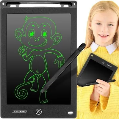 A young girl is holding a drawing tablet with a monkey drawn on it, and another drawing tablet is shown in the foreground.
