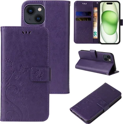 Produktbild von Handyhülle für Apple iPhone 15 Floral Blumen Schmetterling Flip Cover Hülle Case Klapphülle Handytasche Farbe: Violett