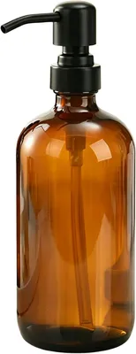 Immagine prodotto di Distributore di sapone in vetro ambrato (500 ml) con pompa in acciaio inossidabile nero. Dispenser riutilizzabile per sapone liquido, ideale per la cucina, il bagno e gli oli essenziali