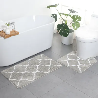 Produktbild von 2 Stück Badematten Set Rutschfest Mikrofaser Badteppiche Badezimmerteppich Badvorleger +WC Teppich,Grau