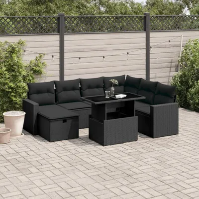 Produktbild von Design 8-tlg. Garten-Sofagarnitur mit Kissen Schwarz Poly Rattan, Gartenmöbel-Sets 2024 Neu