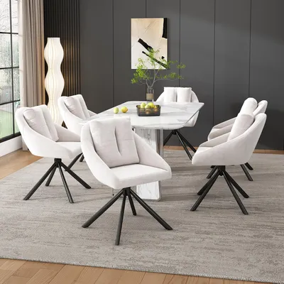 Productafbeelding van Moderne, beige fluweelstoel, stijlvolle en comfortabele draaibare eetkamerstoel, ademend fluweel, ergonomisch ontwerp, elegante grijze draaistoel. Vier stoelen in beige