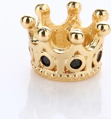 Produktbild von Großlochperlen Charm 5 Stück, Krone 10,8 x 7,2 mm, gold mit schwarzen Steinen