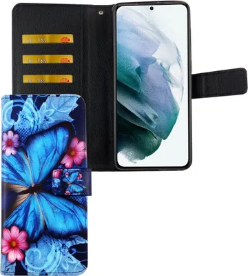 Produktbild von Samsung Galaxy S21 Tasche Handy Hülle Schutz-Cover Flip-Case mit Kartenfach Blauer Schmetterling