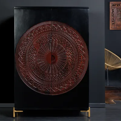 Produktbild von Massiver XXL Barschrank MANDALA 95cm Mangoholz schwarz gold Metallgestell Schnitzerei