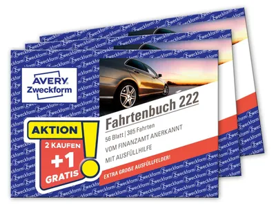 Obrázok produktu pre AVERY Zweckform 222-3P 2 + 1 : AVERY Zweckform Kniha jázd, osobné automobily so spotrebou paliva, formulárové zošity, 2 ks + 1 ks