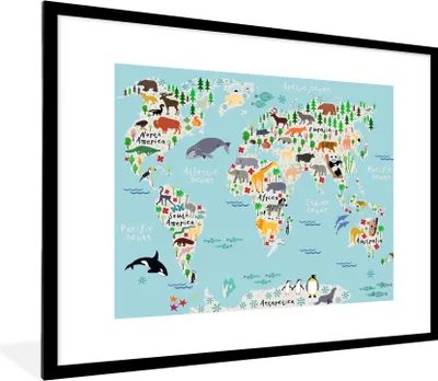 Produktbild von MuchoWow® Gerahmtes Poster Weltkarte - Kinder - Tiere - Blau - Orca - Wal 80x60 cm - Poster mit Schwarzem Bilderrahmen Wandposter Rahmen Foto Bilder - Schlafzimmer-Dekorationen - Fotoposter
