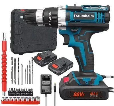 Produktbild von 21V-Elektrobohrer-Set mit 2 1500-mAh-Akkus und einem Ladegerät, 2 Geschwindigkeiten, 3-in-1-Arbeitsmodus, 28 Zubehörteile, geeignet für Hofrenovierung