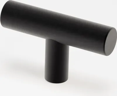 A black T-shaped cabinet handle shown against a white background.