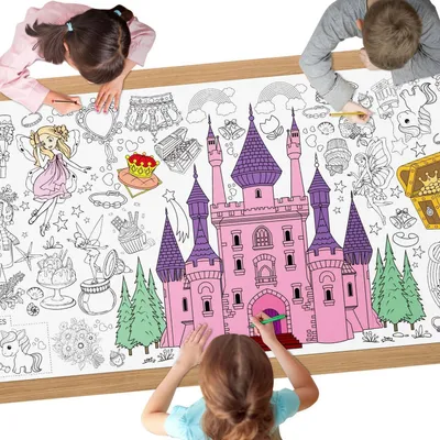 Productafbeelding van Kleurplaat tafelkleed voor kinderen, 183 x 76 cm, knutselposter van papier, motief: kasteel