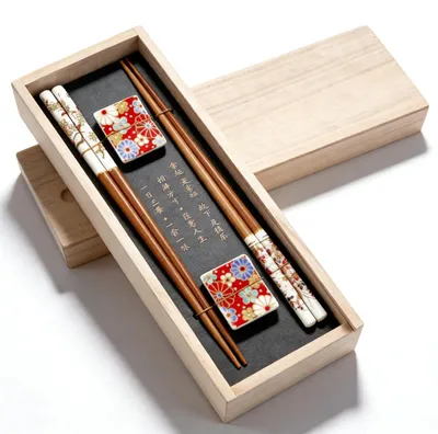 Sushi-Essstäbchen-Set, 2 Paar, Holz, Keramik-Ablagen, Kirschblüten