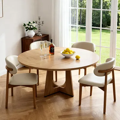 Produktbild von MODFU Esszimmer Set 5-teilig aus Rundtisch und 2 Stühlen, Runder Esstisch mit MDF in Eichenoptik, Stühle aus Eichenholz Küchentisch mit Holzfurnier, Tischgruppe