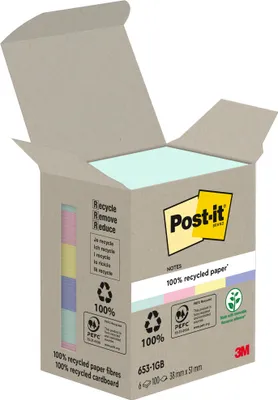 Produktbild von Post-it® Recycling Notes Farbenmix Haftnotizen 38x51mm 6 Blöcke 100 Blatt