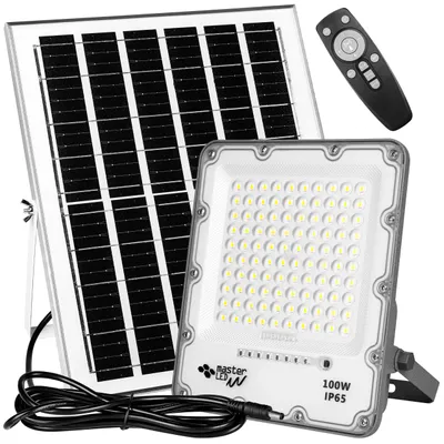 A solar-powered floodlight with a solar panel, remote control, and cable, displayed on a white background.