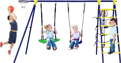 Produktbild von 5 in 1 Kinderschaukel Set mit Basketballkorb Kletterleiter und Kletternetz, Gartenschaukel Schaukelgerüst mit Metallgestell und 2 Schaukeln, Schaukelset Doppelschaukel für Kinder
