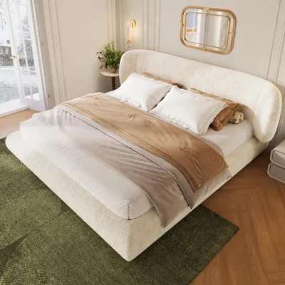 Immagine prodotto di Letto matrimoniale MODFU 140x190, imbottito con rivestimento in velluto, struttura per letto a una piazza con testiera imbottita e rete a doghe, senza materasso, color beige, Immagine generata dall'IA