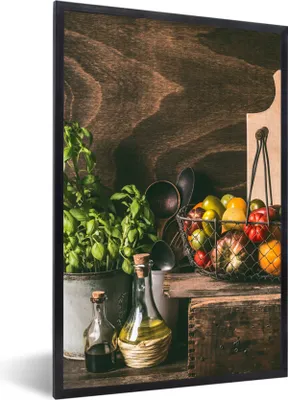 Produktbild von MuchoWow® Gerahmtes Poster Gemüse - Kräuter - Rustikal - Stilleben - Basilikum 60x90 cm - Poster mit Schwarzem Bilderrahmen Wandposter Rahmen Foto Bilder - Kunst